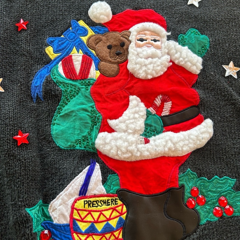 Vintage 80s Christmas Knit Sweater Santa Holiday Time Festive Rhinestone Beaded - Picture 5 of 5